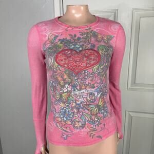 Vintage Y2K Shirt Beauties Large Thermal Shirt Waffle Heart Print Floral K3-19
